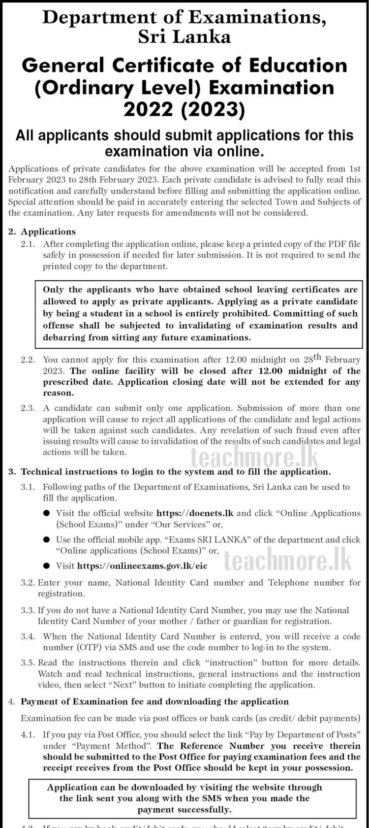 Online Application - GCE O/L 2022 Examination 2022 (2023) - TeachMore.lk