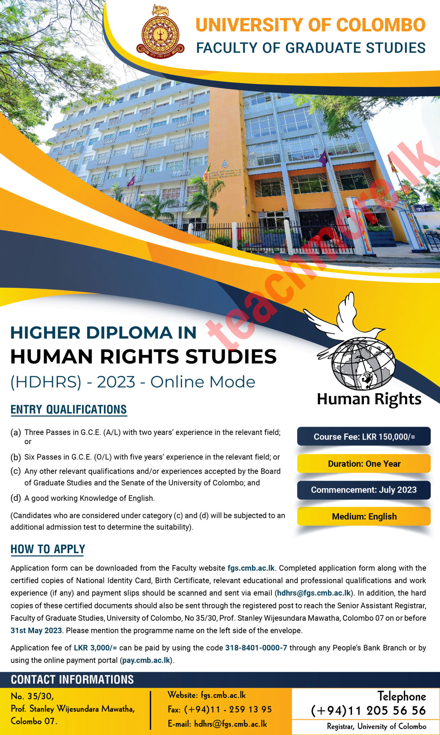 Higher Diploma in Human Rights Studies (HDHRS) - 2023 - Online Mode