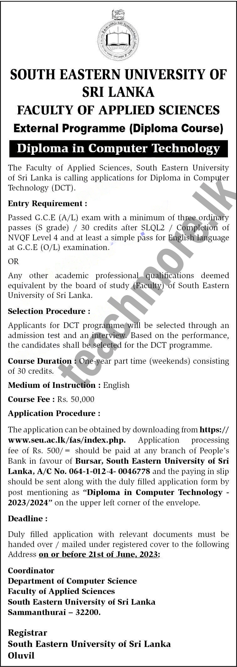 Diploma in Computer Technology (DCT) Course 2023/2024 - South Eastern University of Sri Lanka