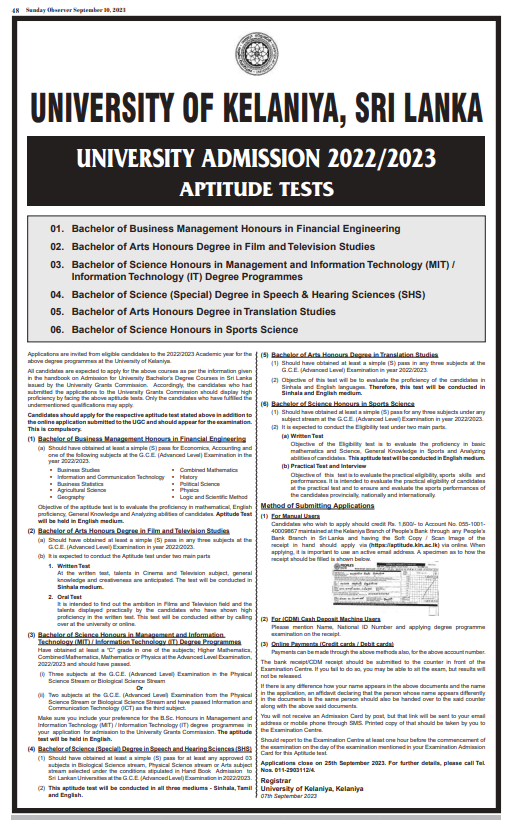 Applications for Aptitude tests - Kelaniya University