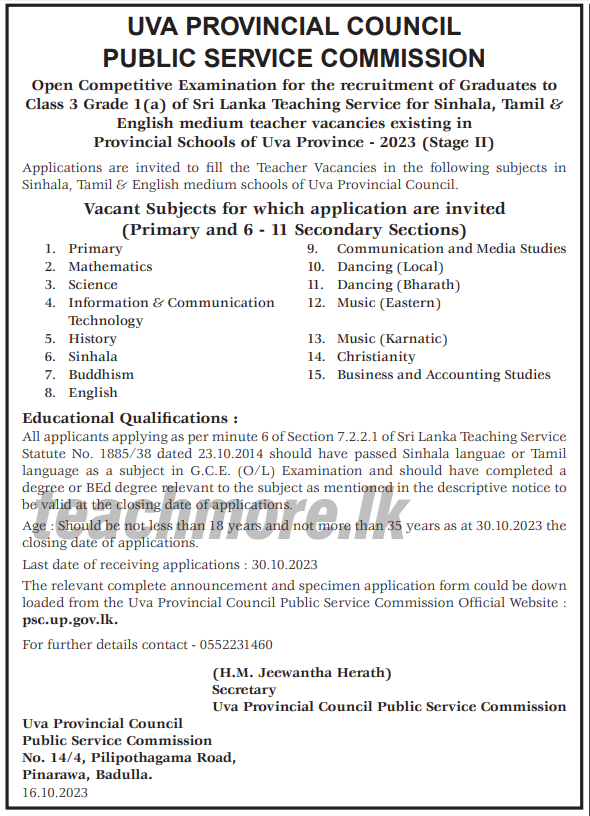 Graduate Teaching Application Uva Province 2023 - Stage II 