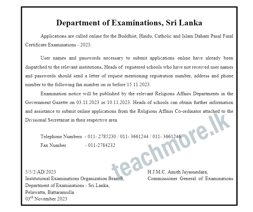 Daham Pasal Final Certificate Examination - 2023 (Buddhist, Hindu, Catholic, Islam)